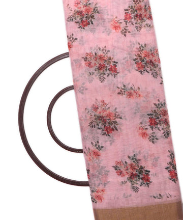 pink digital floral printed zari border doria linen fabric 2